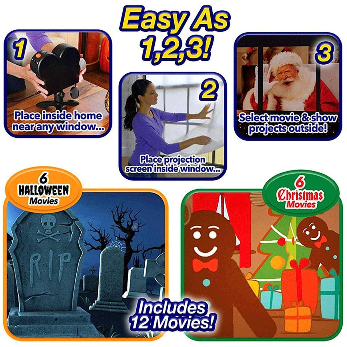 Halloween Window Projector, Outdoor Christmas Projector, Halloween Led Holographic Projection Lamp, 6 Halloween Movies, 6 Christmas Movies, for Window Garden Halloween Christmas Decor