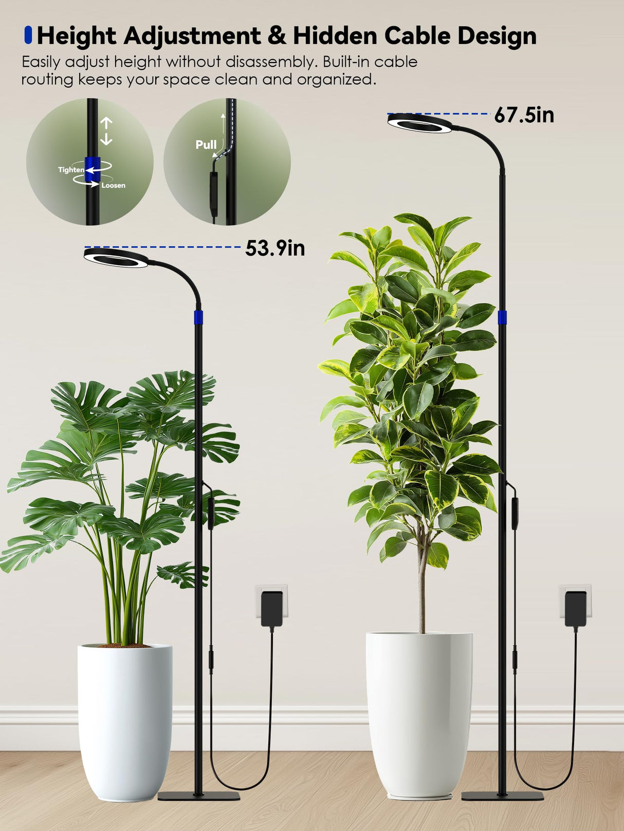 Smart Grow Light for Indoor Plants, 53.9"-67.5" Adjustable Height Full Spectrum LED Plant Light, APP Control with Auto Timer, Plant Assistant,Stepless Dimming, Ideal for Large Tall Plants