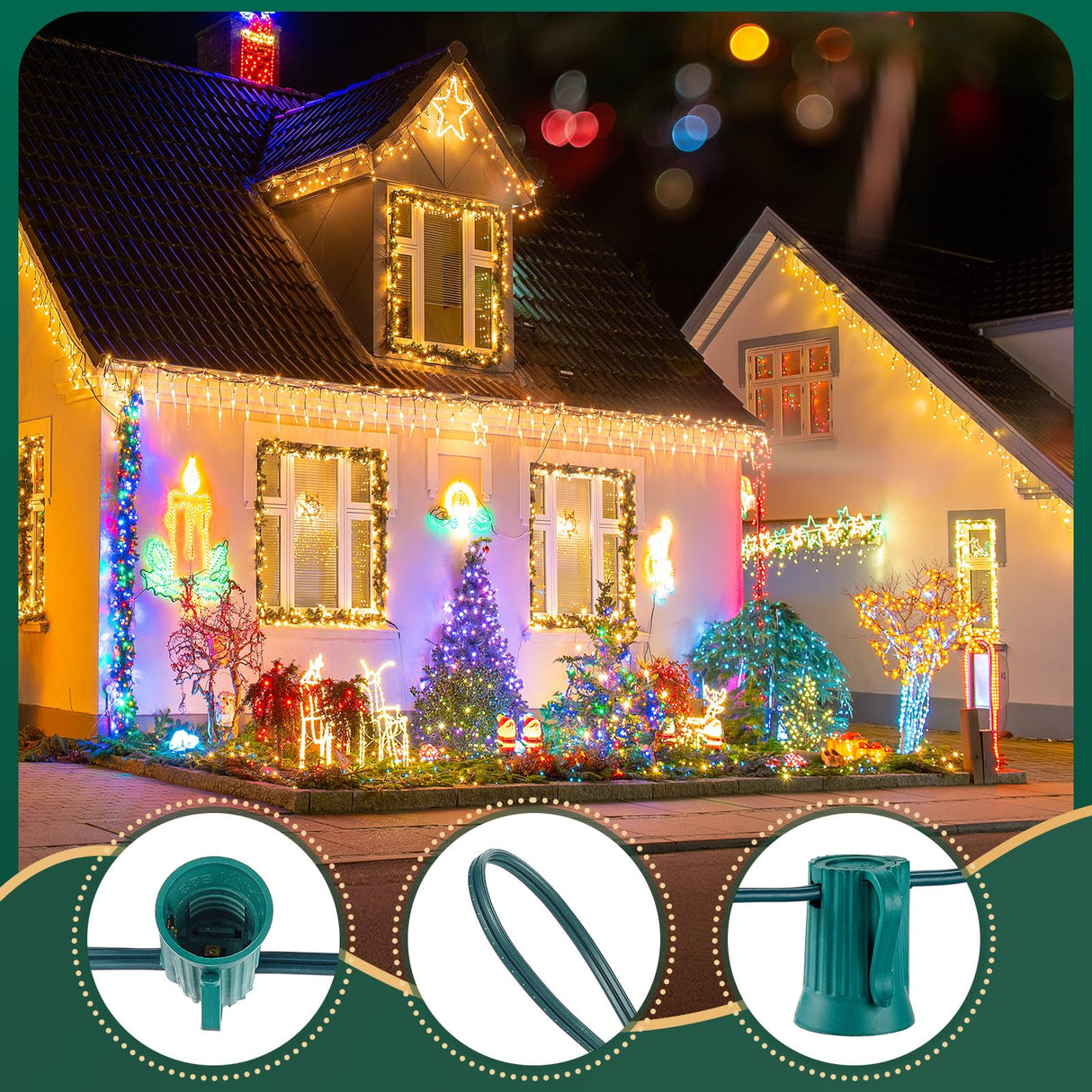 Brightown C9 Light Strand, 100 FT Outdoor String Lights Christmas Stringer with 100 Sockets for Christmas Decor Patio, E17 Light Socket, 12 Spacing, Green Wire