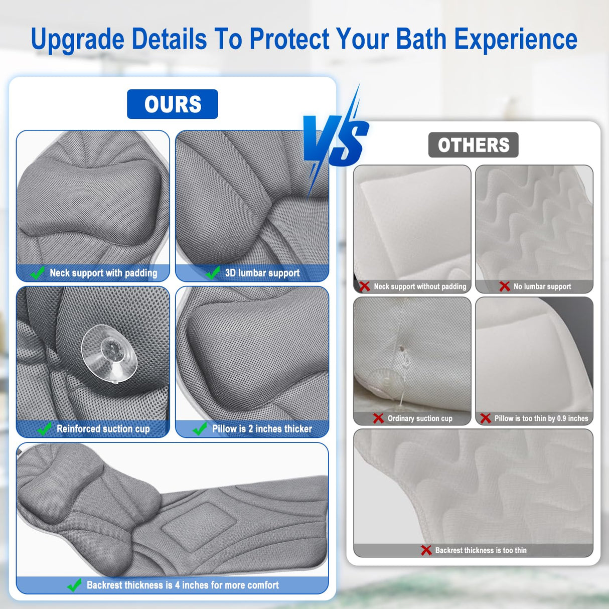 Full Body Bath Pillow for Bathtub, Luxury Bath Gifts for Women Thick Bathtub Cushion for Soaking Tub with Laundry Bag, Bathtub Pillow Luxury Bathtub Pillows for Head,Neck & Back,Spa (Light Grey)