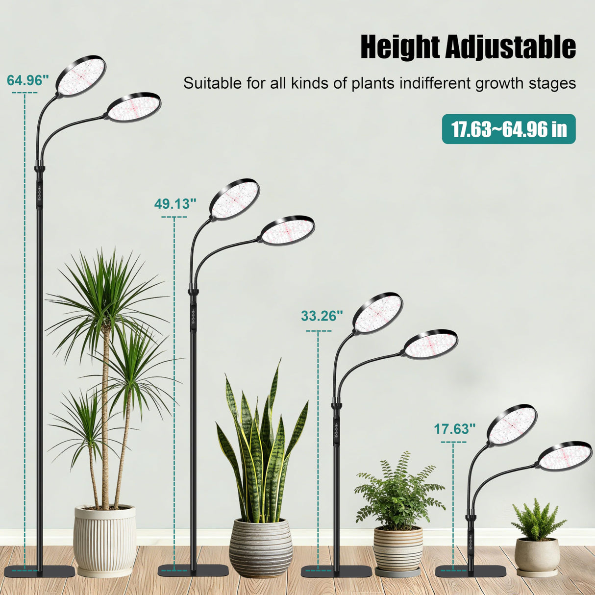 Dual Head Grow Light for Indoor Plants, Full Spectrum Floor Standing Plant Light, Remote Control & 4/8/12/18H Timer, 3 Modes 10 Dimmable Levels, Stable Base for Tall Plants Succulents Herbs, Black