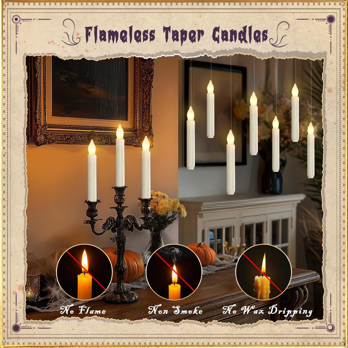 Homemory Hanging 20 Pcs Floating Candles with 2 Wand Remote and String, Flying Flameless LED Taper Candles Warm White Light, Battery Operated Window Candle for Halloween Christmas Party