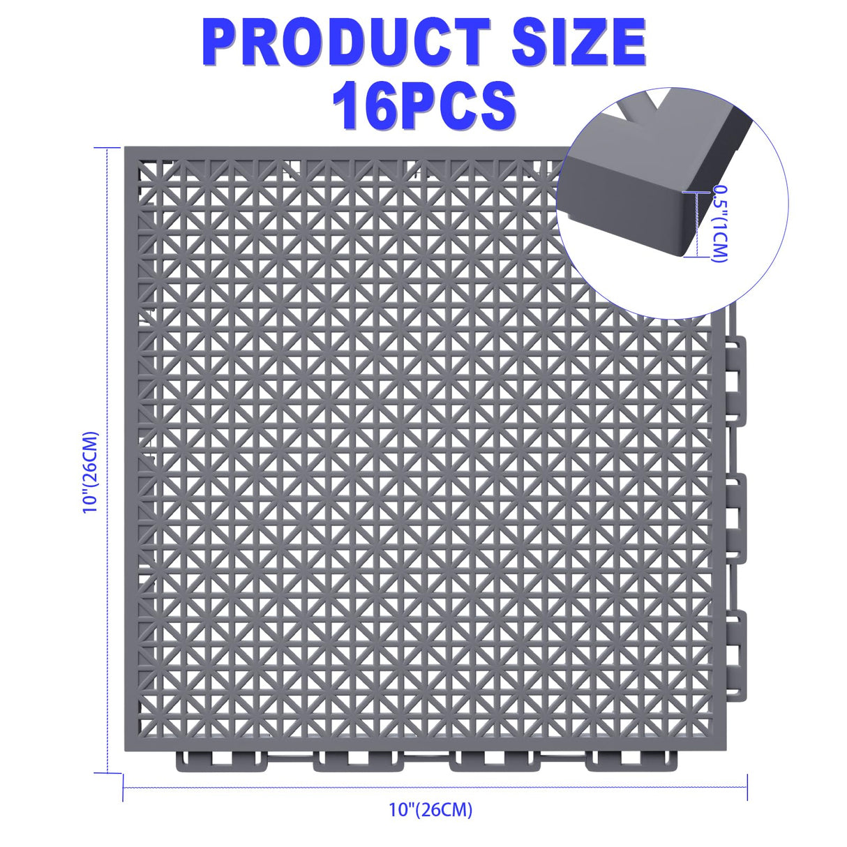 16 PCS Modular Interlocking Cushion Interlocking Floor Tiles with Hole Drainage Mat 10" x 10" Non Slip Pool Deck Mat Outdoor for Drain Deck Pool Patio Shower Kitchen Balcony (Grey)
