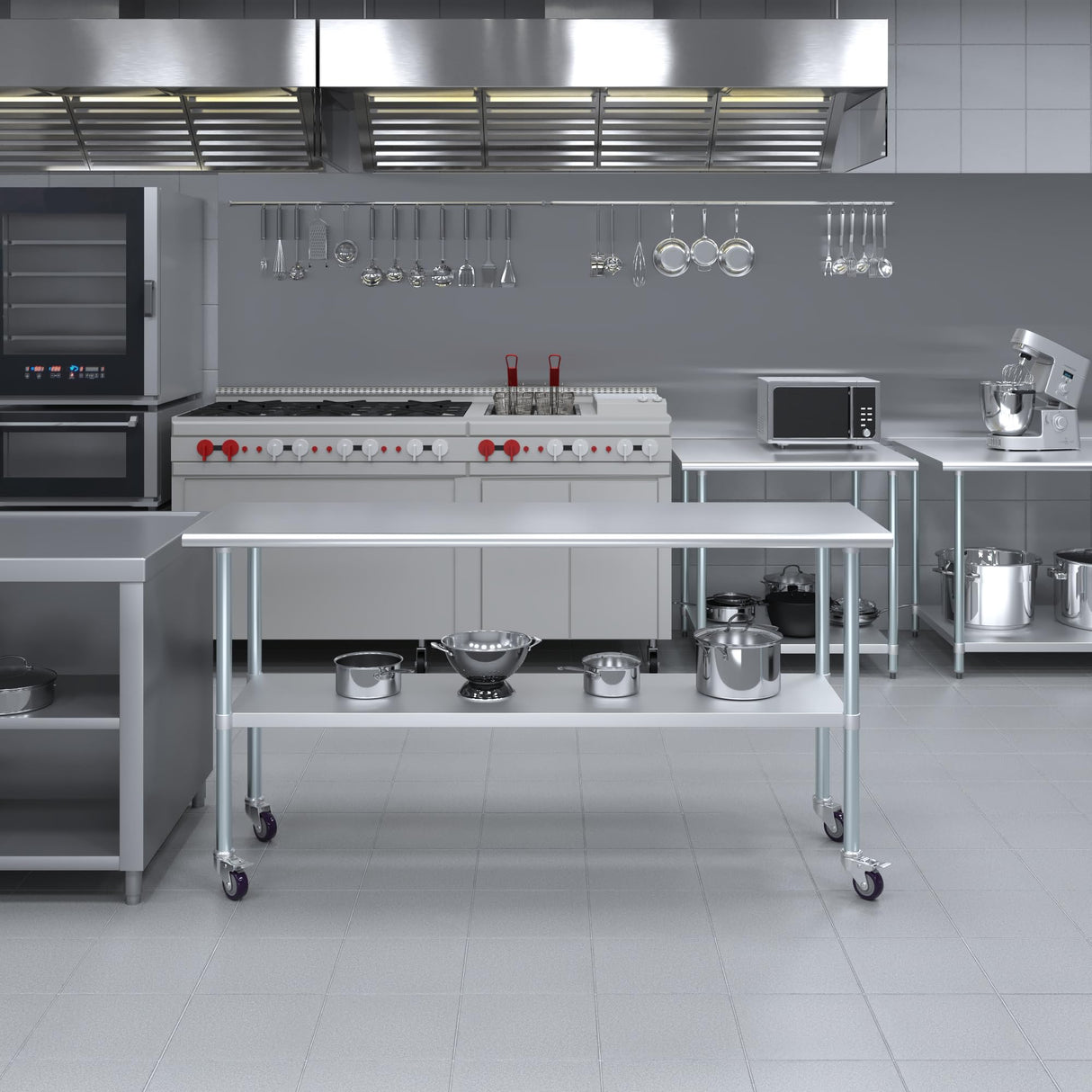 AmGood 24 in. x 72 in. Stainless Steel Work Table with Wheels | Metal Kitchen Food Prep Table | NSF