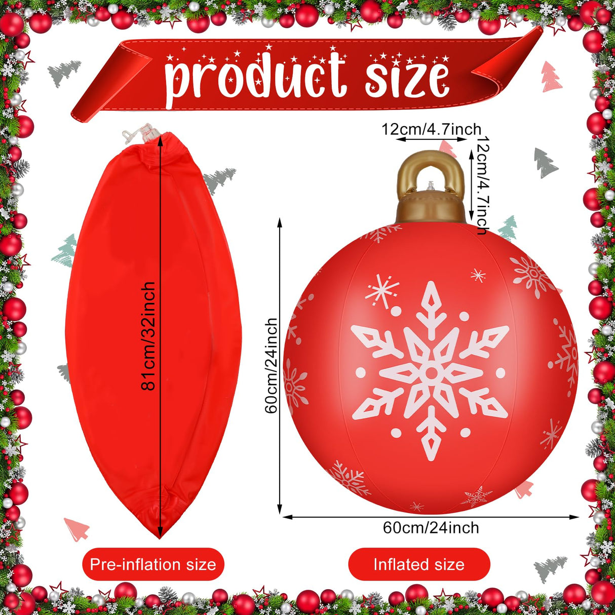 Jetec 4 Pcs 32 Inch Giant Inflatable Christmas Ball Large Xmas Inflatable Ornaments PVC Outdoor Holiday Blow Ball Outside Yard Lawn Porch Decorations(Mixed Red Green,Classic)