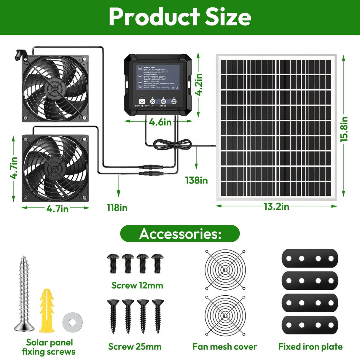 INNOLAND Solar Fan for Chicken Coop & Greenhouse, 25W Solar Powered Exhaust Fan with 7500mAh Battery, Smart 3 Modes with Motion Sensor, IP65 Waterproof Ventilation Kit for Shed | Dog House | Workshop