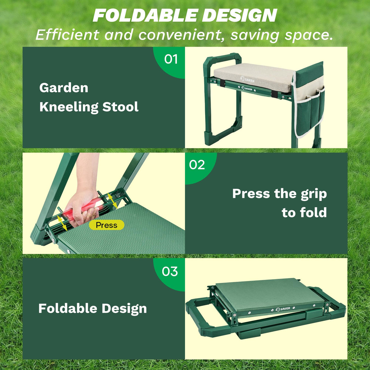Saker Garden Kneeler and Seat Foldable Gardening Stool with Extendable Legs & Thickened Pad, Tool, Heavy Duty 400lbs Support for Elderly, Gardening, Outdoor Use