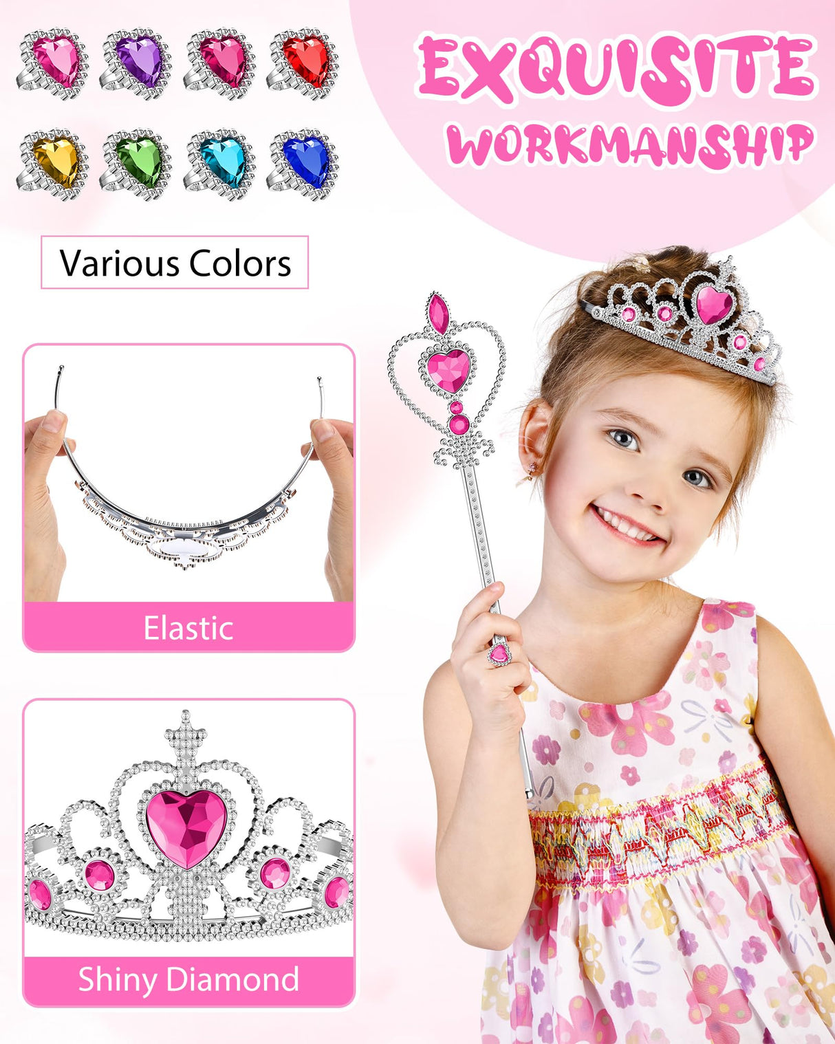 96 Pcs Princess Pretend Party Costume Dress up Play Set Includes 24 Crown Tiaras, 24 Star Wands, 48 Pcs Little Girl Jewel Rings, Princess Girls Party Favors Costume Play Set for Little Girls (Cute)