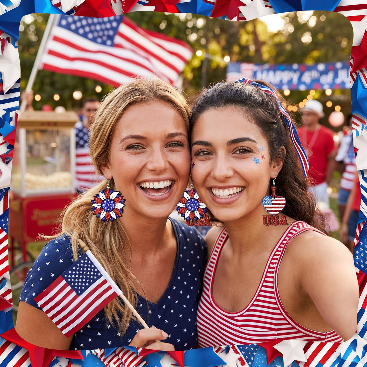 Landical 30 Pairs Glitter 4th of July Patriotic Earrings Bulk for Women Double Sided Print 250th Anniversary Independence Day Wooden Earring American Flag Red White Blue Jewelry Gift for Party