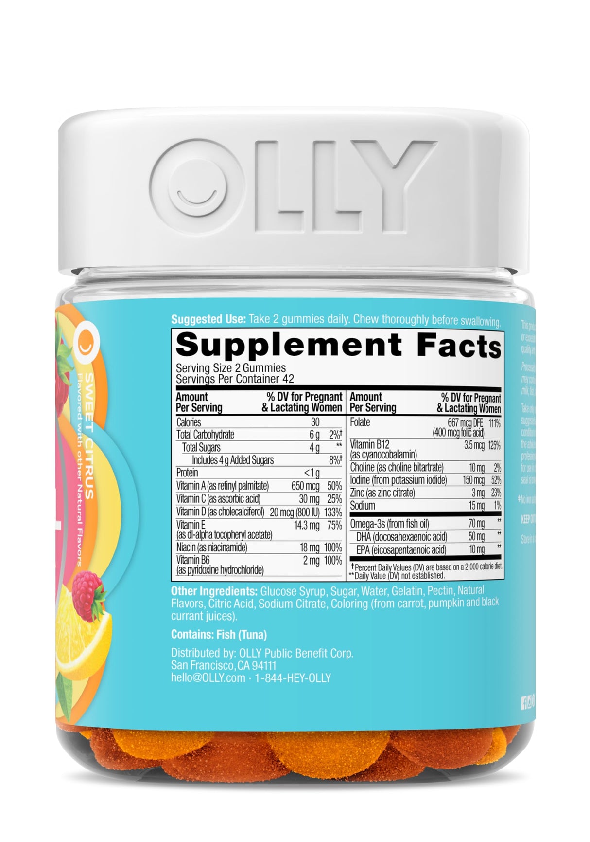 OLLY Essential Prenatal Gummy Multivitamin, Folic Acid, Vitamin D, Omega 3 DHA, Supports Healthy Growth and Brain Development, Citrus Berry - 84 Count
