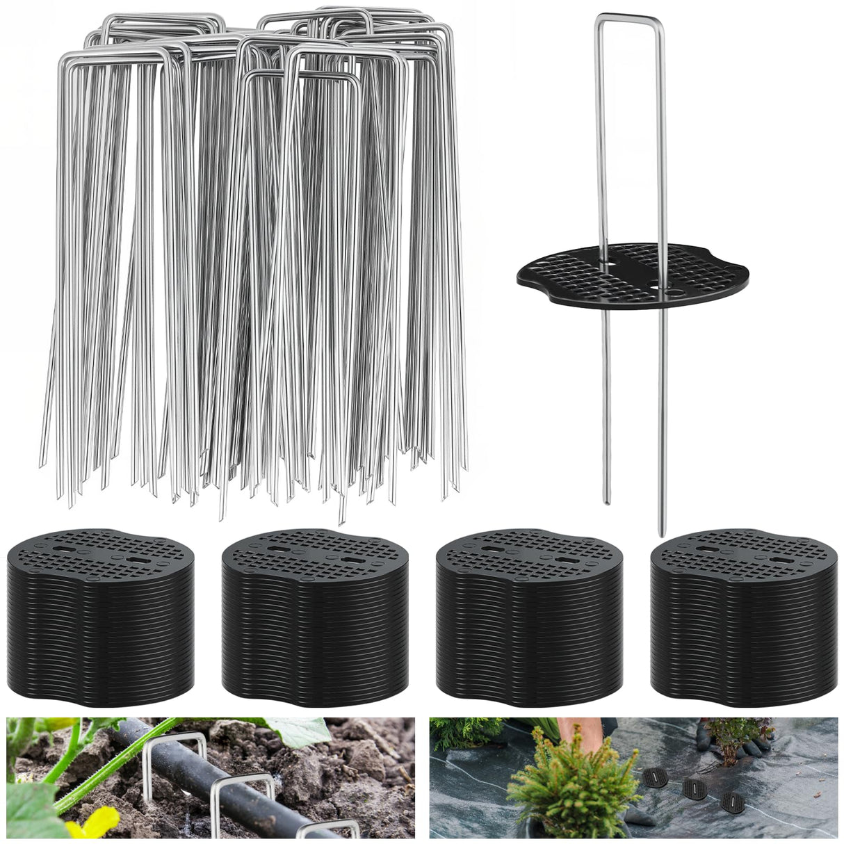 200PCS Garden Stakes Staples 6 inch Landscape Fabric Pins Lawn 100Pcs U Shaped Galvanized Staples Ground Stakes Landscaping Pins with 100Pcs Gasket for Weed Barrier Plant Cover Decorations