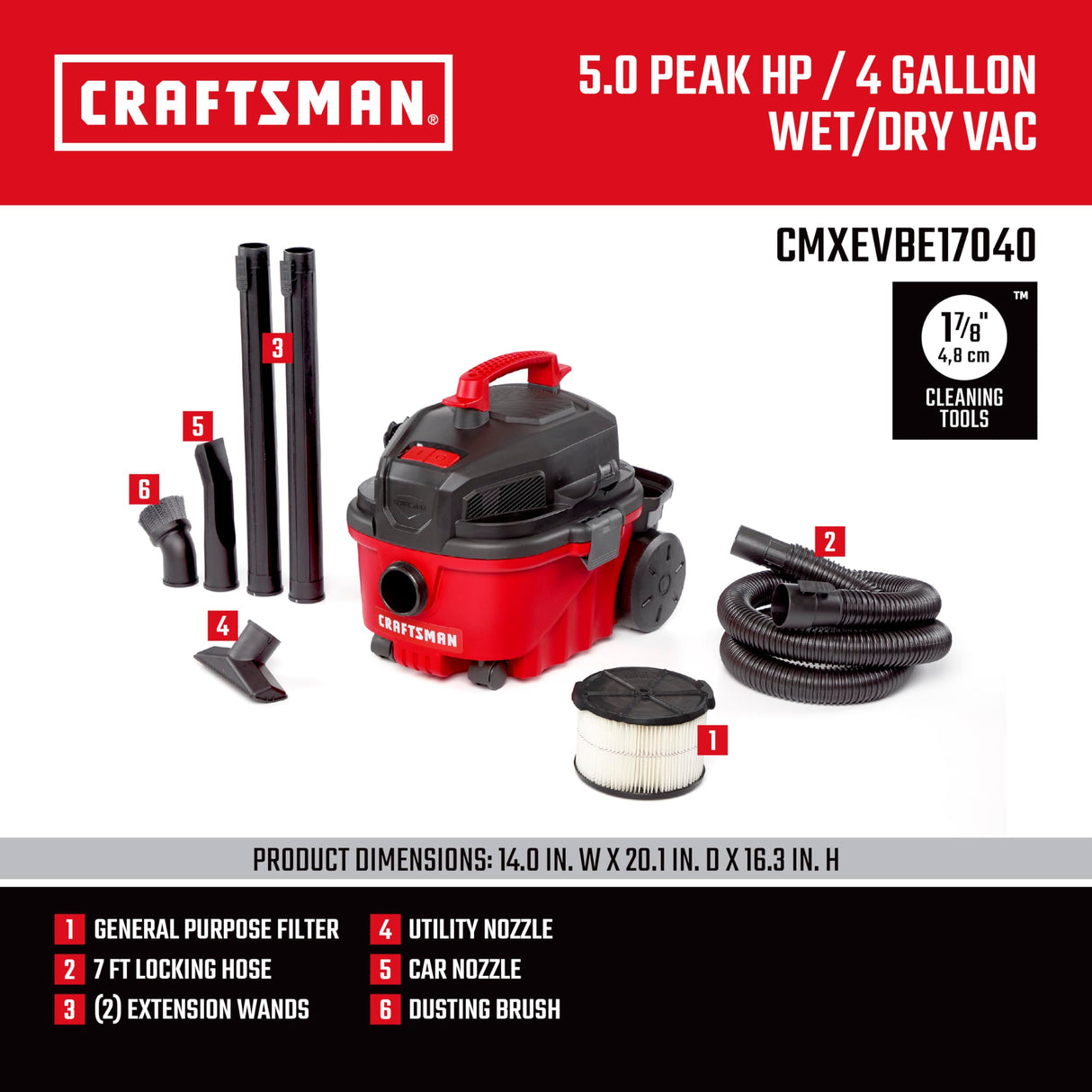 CRAFTSMAN CMXEVBE17040 4 Gallon 5.0 Peak HP Wet Dry Shop Vacuum