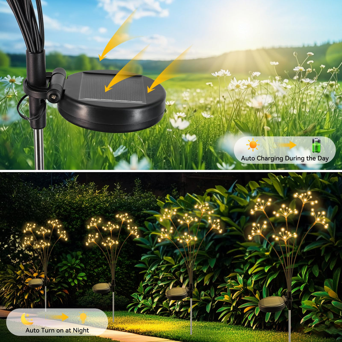 Solar Garden Lights 2 Pack Waterproof Solar Swaying Starburst Light Outdoor Lights for Yard Patio Walkway Pathway Party Wedding Christmas Decoration, Warm White