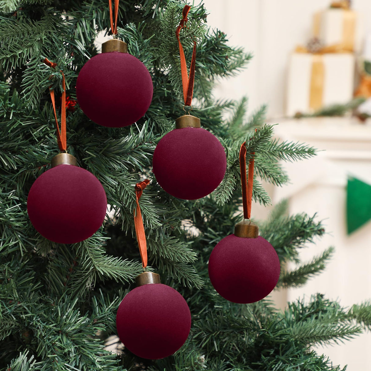 Liliful 15 Pcs Velvet Christmas Balls Bulk Flocked Christmas Tree Ball Ornaments Plastic Xmas Decorative Hanging Ornaments (Burgundy)