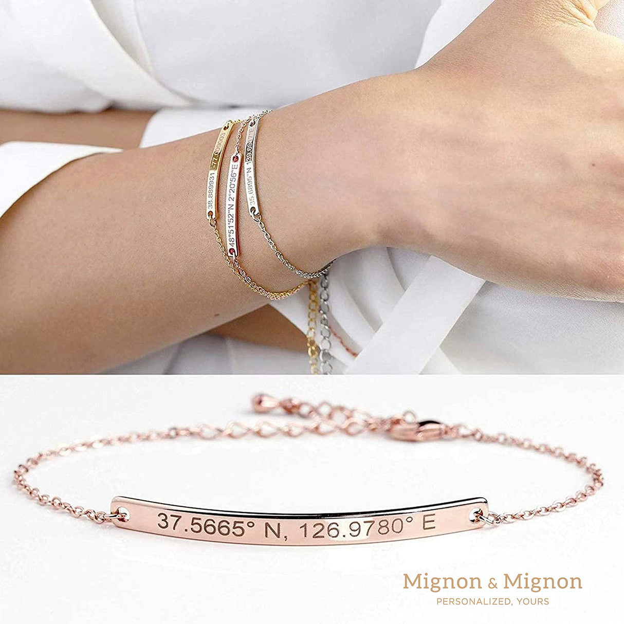 MignonandMignon Custom Name Bracelet Engraved Gold Bar | Personalized Coordinate Bracelet for Women | Dainty Jewelry Gift for Mom Teen Girls Graduation Mothers Day