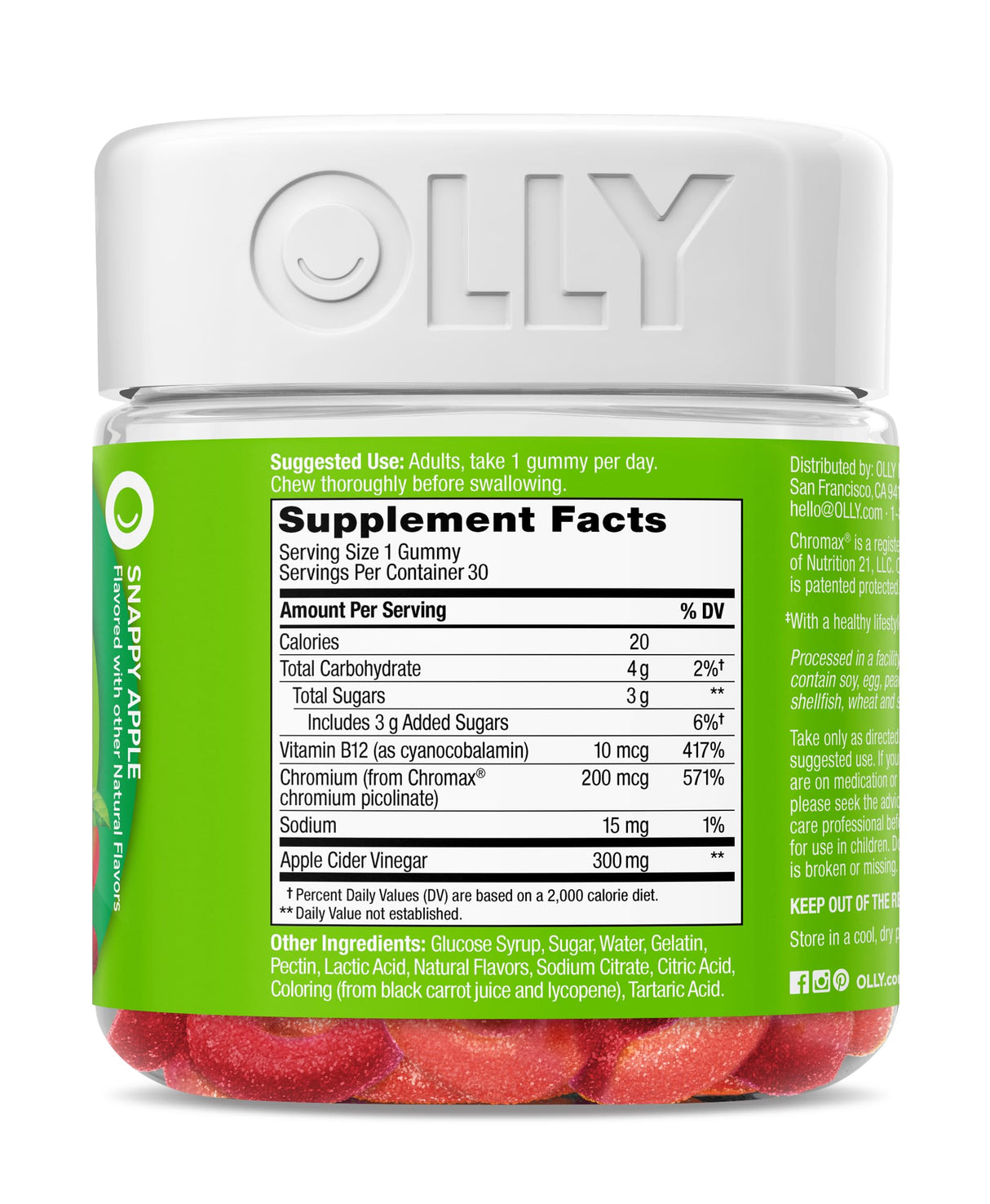 OLLY Metabolism Gummy Rings, Apple Cider Vinegar, Vitamin B12, Chromium, Energy and Digestive Health, Chewable Supplement, Apple Flavor - 30 Count