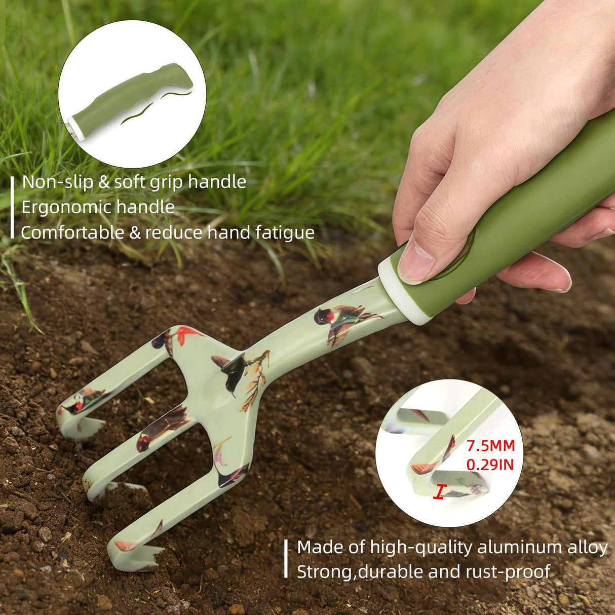 Garden Tool Set with Hummingbird Print, Heavy Duty Gardening Hand Tools with Garden Tool Bag,Gardening Gifts for Women&Men,Green