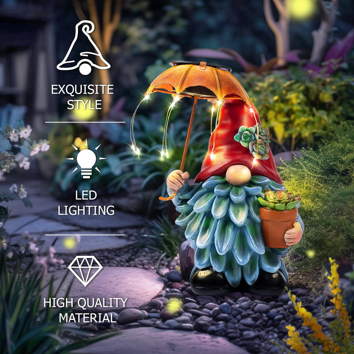 SUCUY Solar Outdoor Statues Gnome Garden Decor, Garden Gnome with Solar LED Umbrella Decorative for Patio, Balcony, Lawn, Yard Ornament - Christmas Gardening Gifts for Mom Grandma