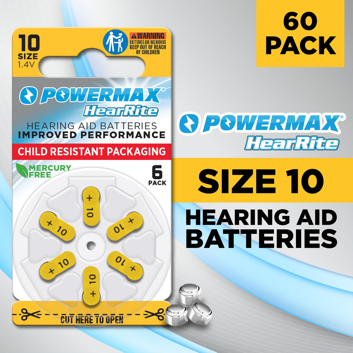 Powermax Size 10 Hearing Aid Batteries, 60 Count Long-Lasting Battery Pack, Yellow Long Tab for Easy Change
