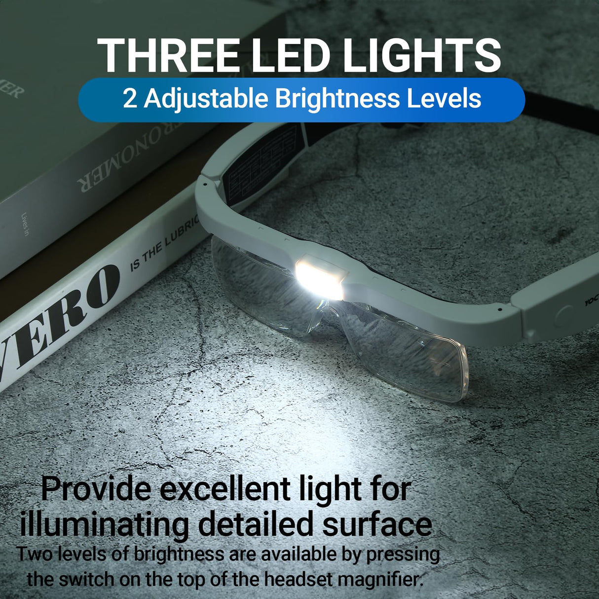 YOCTOSUN Head Magnifier Glasses with 3 LED Lights and 5 Detachable Lenses 0.75X, 1.25X,2.0X, 3.0X and 4.0X, USB Charging Eyeglasses Magnifier, Magnifying Glasses with Light for Close Work Hobby Crafts