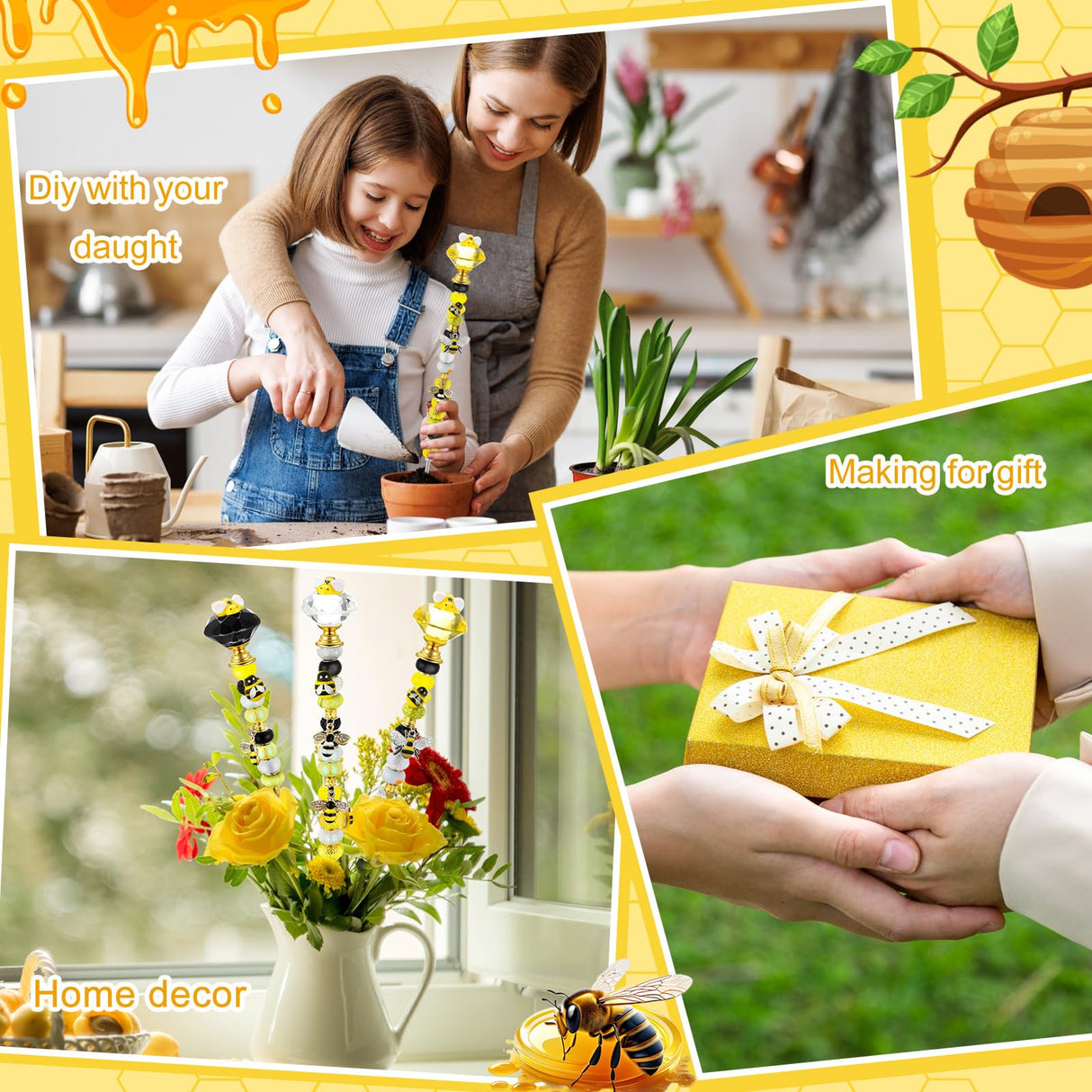 Lineshading 118 Pcs Bee Garden Stakes Fairy Wand DIY Beaded Stakes Garden Decor Includes 4 Crystal Stopper Top 10 Bee Pendant 68 Large Hole Beads 4 Threaded Rods 4 Pcs Nuts, for Craft Supply