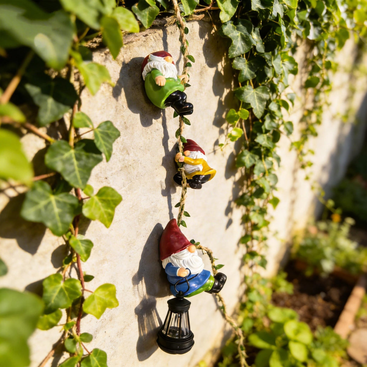 QCF Garden Gnomes Hanging Solar Lights, 3-Pack Climbing Rope Gnome Statues with LED Lantern, Resin Outdoor Decor for Yard Patio Door Tree Fence Wall, Housewarming Gifts for Women Mom Grandma