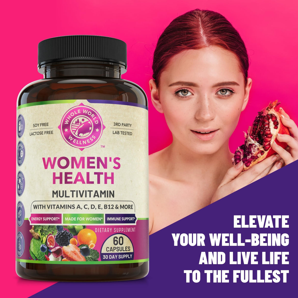 Womens Daily Multivitamin Multimineral Supplement for Energy, Mood, Focus, Hair, Skin & Nails. Made for Women with 30+ Nutrients, Fruit & Energy Blend. Womens Vitamins 60 Capsules. Made in the USA.