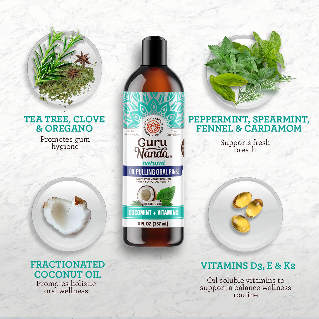 GuruNanda CocoMint Oil Pulling Mouthwash for Complete Oral Hygiene, 7 Essential Oils & Vitamins for Happy Teeth & Gums & Fresh Breath, Alcohol-Free, 3X8 oz