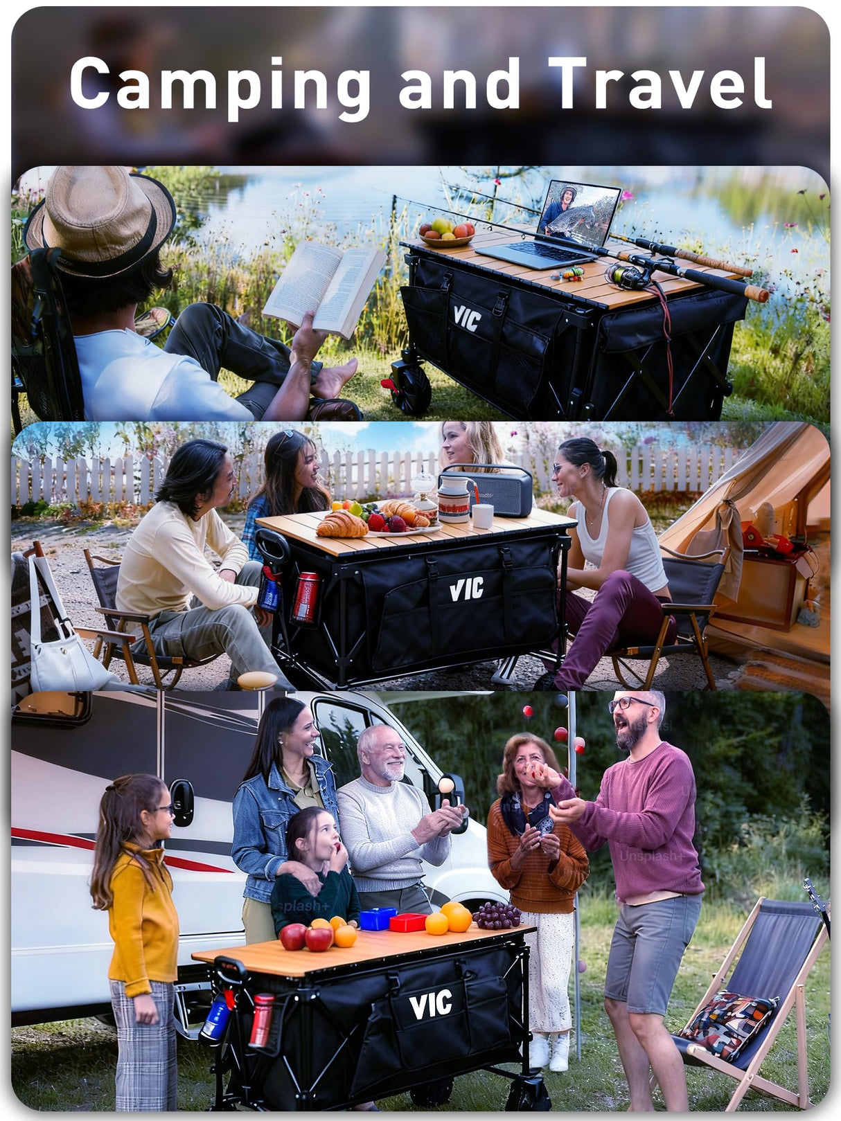 VIC 680lbs Super Cart & Table 1=5 Set, 480L Mega Capacity 54" Extra Long Extra high Folding Wagon, Heavy Duty Collapsible Carts with Brakes, All-Terrain Big Wheels for Camping, Store, Shopping