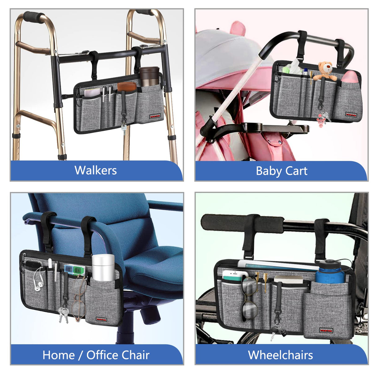 FINPAC Wheelchair Side Storage Bag w/Cup Holder, Wheelchair Armrest Accessories Pouch with Pen Slot and Reflective Strips for Power Walkers, Rollators, Seniors - Gray