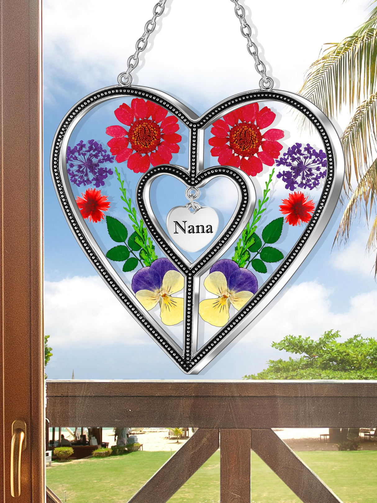 KY&BOSAM Nana Gifts Heart Suncatcher Stained Glass Panel Suncatchers for Window Hanging Ornament Wind Chime Pressed Flower Embedded in Glass and Heart Charm Birthday Gifts for Nana