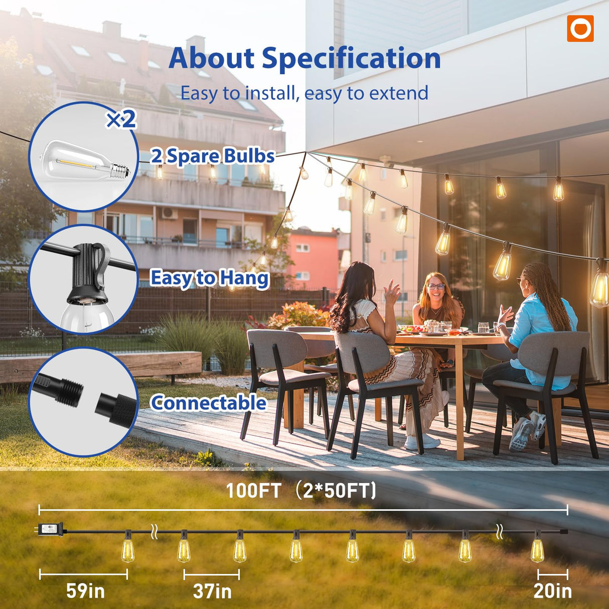 addlon 100FT LED Outdoor String Lights with Remote Waterproof Patio Lights with Shatterproof ST38 Replaceable Bulbs, Dimmable Outside Hanging Light Connectable for Porch, Backyard