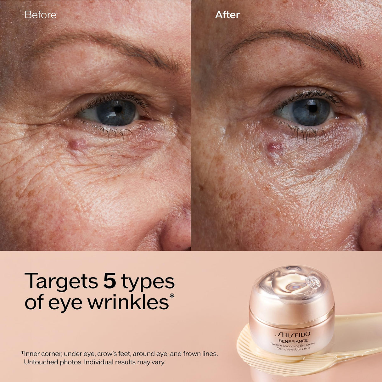 Shiseido Benefiance Wrinkle Smoothing Eye Cream - 15 mL - Visibly Improves Five Types of Eye Wrinkles, Dark Circles & Puffiness - 48-HR Hydration - All Skin Types - Non-Comedogenic