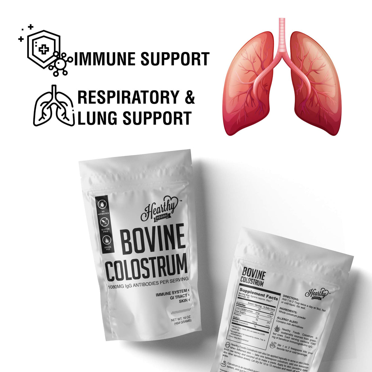 HEARTHY FOODS Bovine Colostrum Powder - Upto 30% IGG, 90 Servings, Leaky Gut Repair Supplements, Gut Health and Immune Support | Grass-Fed Halal Non GMO, Gluten Free 16Oz 454g