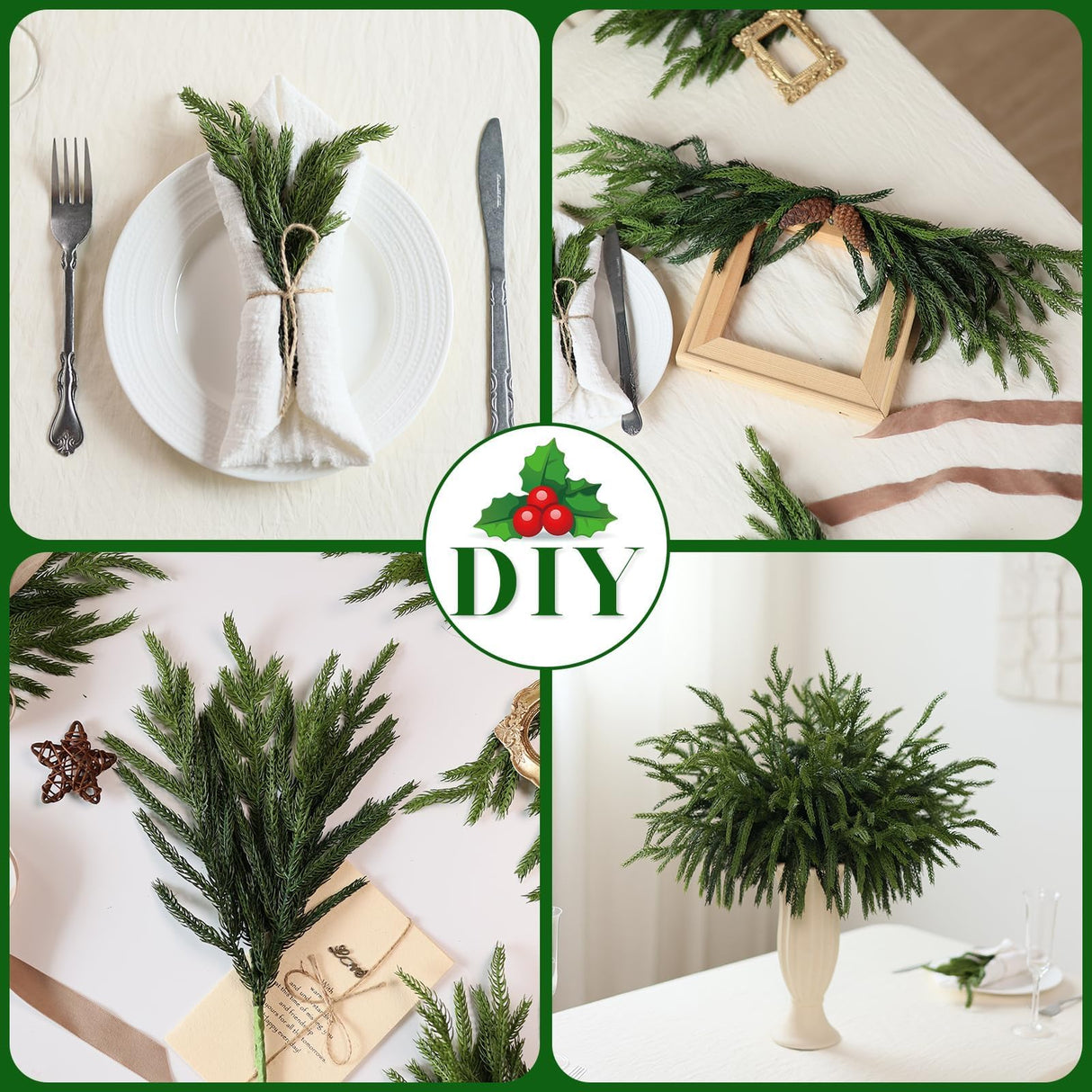 Juxdp 20 Pcs Real Touch Norfolk Pine Branches, Artificial Christmas Green Plants Branch Faux Greenery Stem Fake Pine Picks for Vase DIY Crafts Garland Wreath Xmas Indoor Outdoor Decor(18 Inches)