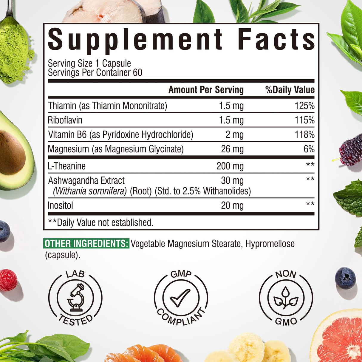 Vitalibre L-Theanine 200mg Supplement, Magnesium Glycinate, Ashwagandha, Inositol, Vitamin B1 B2 B6, No Gluten, Calm, Relaxation, Focus, Cognitive Function, 60 Vegan Caps