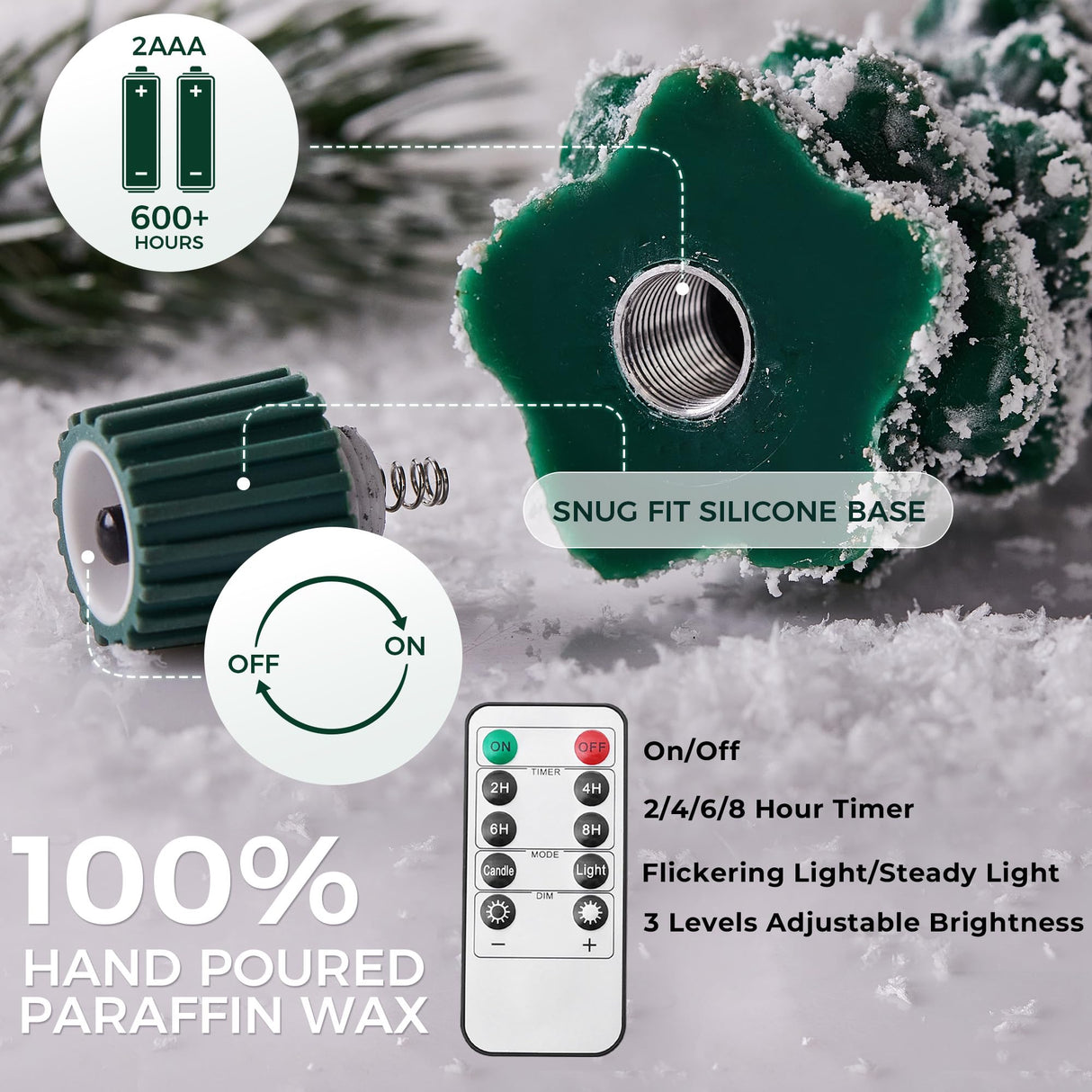 Stmarry 4 PCS Flameless Christmas Tree Candles with Remote, Snow Covered Real Wax Flameless Taper Candles 9.65 Inch, LED Candlesticks Battery Operated with 3D Flickering Flame, Christmas Candles Decor