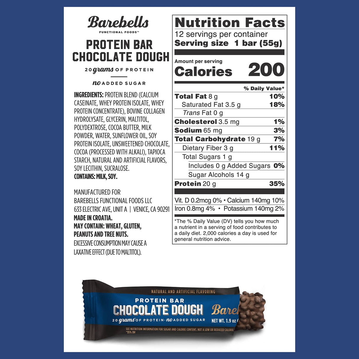 Barebells Protein Bars Chocolate Dough - 12 Count, 20g High Protein Treats - Chocolate Nutrition Bar with 1g Total Sugars - On-The-Go Breakfast or Post-Workout Snack
