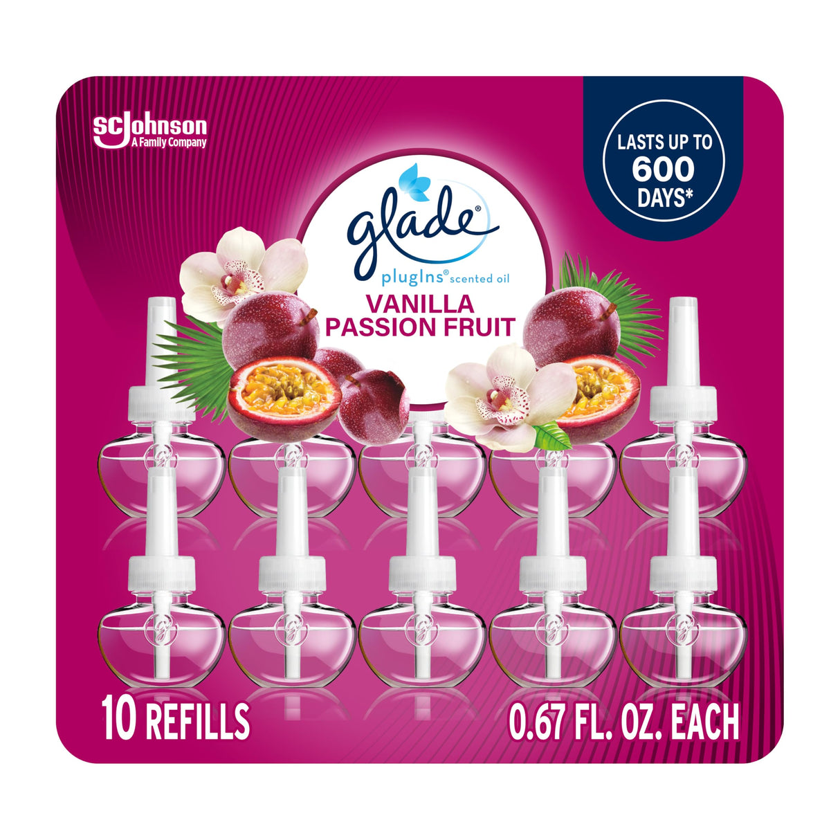 Glade PlugIns Refills Air Freshener, Vanilla Passion Fruit, Scented and Essential Oils for Home and Bathroom, 0.67 Fl Oz, 10 Count