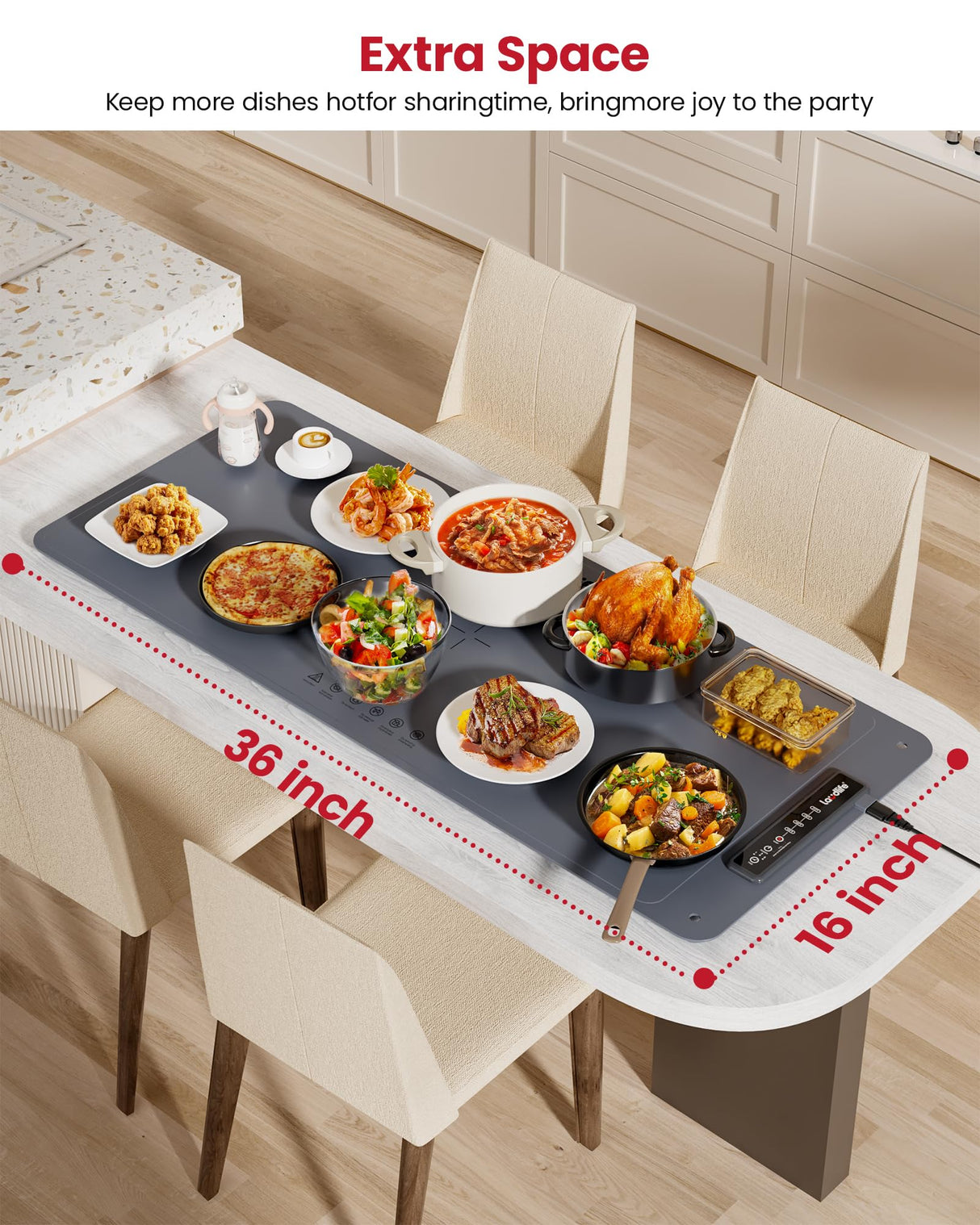 Extra Large Food Warming Mat for Countertop (XXL 36”x16”) - Full-Surface Heating Pad with 4 Temps Settings, Ideal for Buffet Party Food Warmer, Roll-Up Electric Warming Tray for All Gathering, Gray