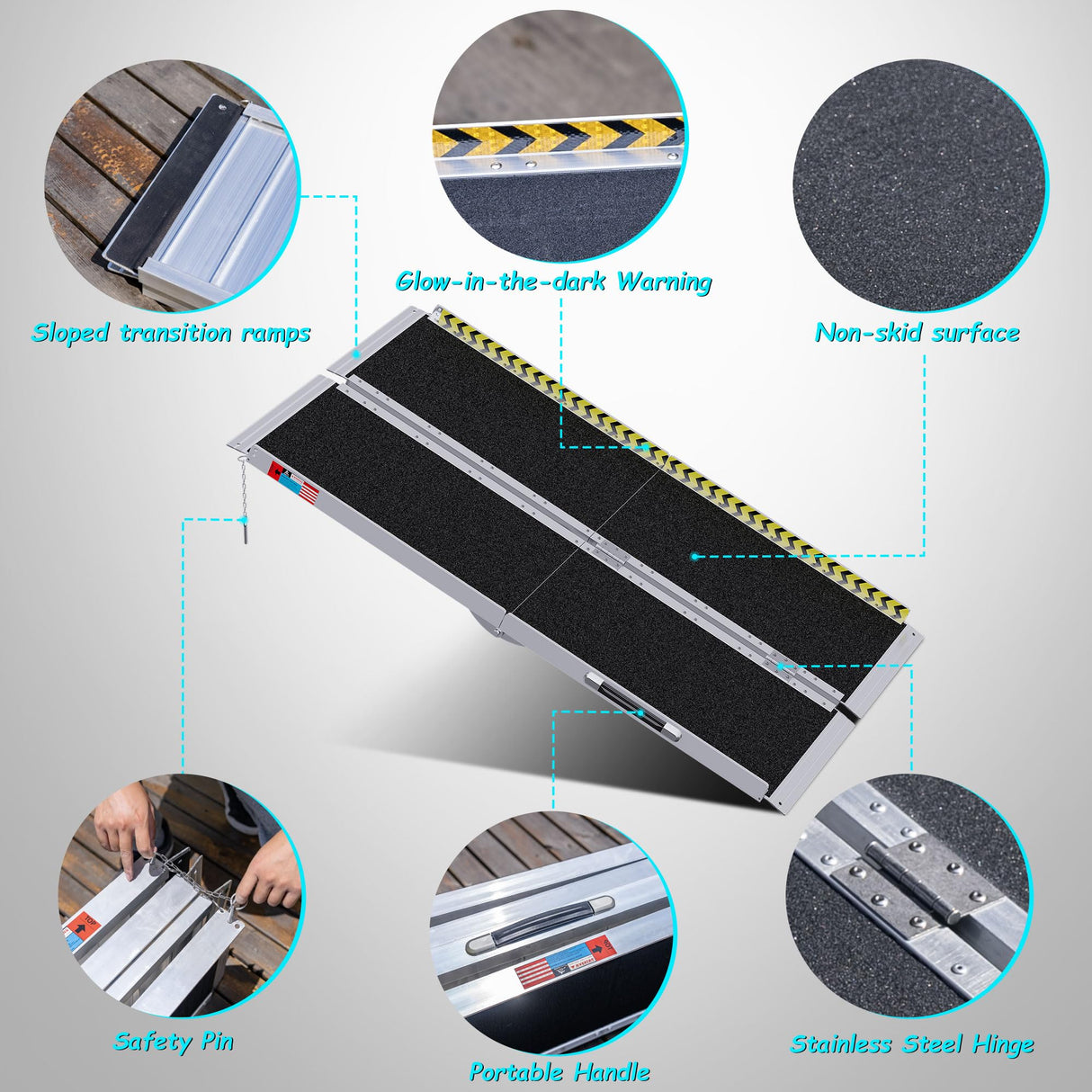 WHALEMOTOR Portable Wheelchair Ramp 5FT, Anti-Slip Aluminum Folding Portable Ramp, Wheelchair Ramps for Home, Weight Capacity Up to 600 LBS, with Transition Plates Above and Below