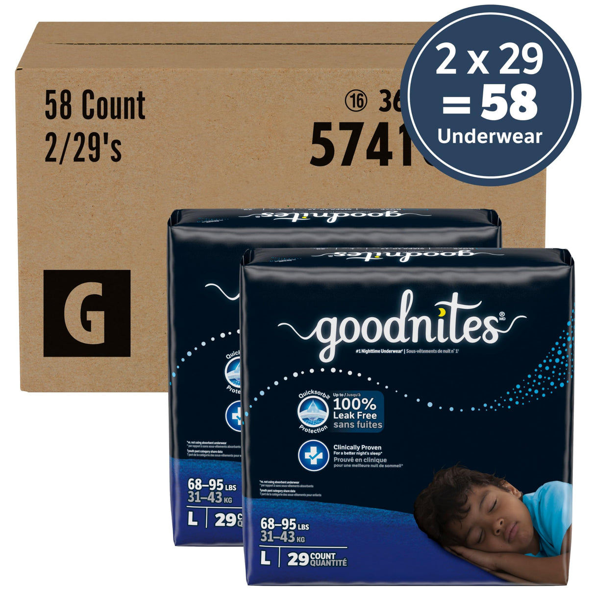 Goodnites Boys' Nighttime Bedwetting Underwear, Size Large (68-95 lbs), 58 Ct (2 Packs of 29), Packaging May Vary