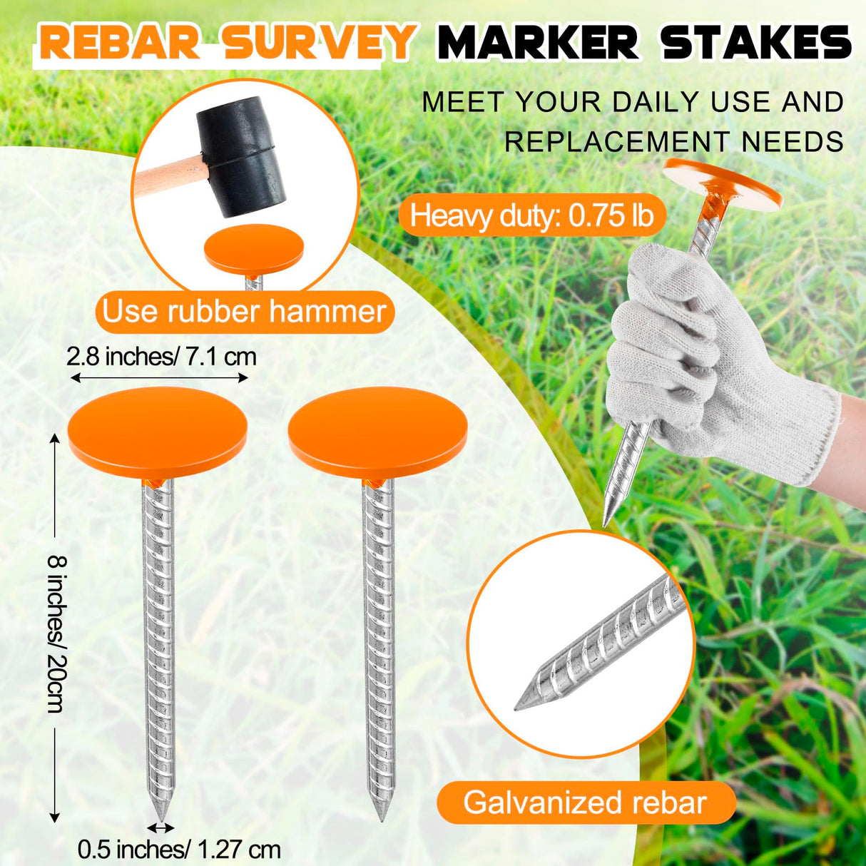 Silkfly 8 Pack,8 Inch Galvanized Rebar Survey Marker 0.75 LB,Orange
