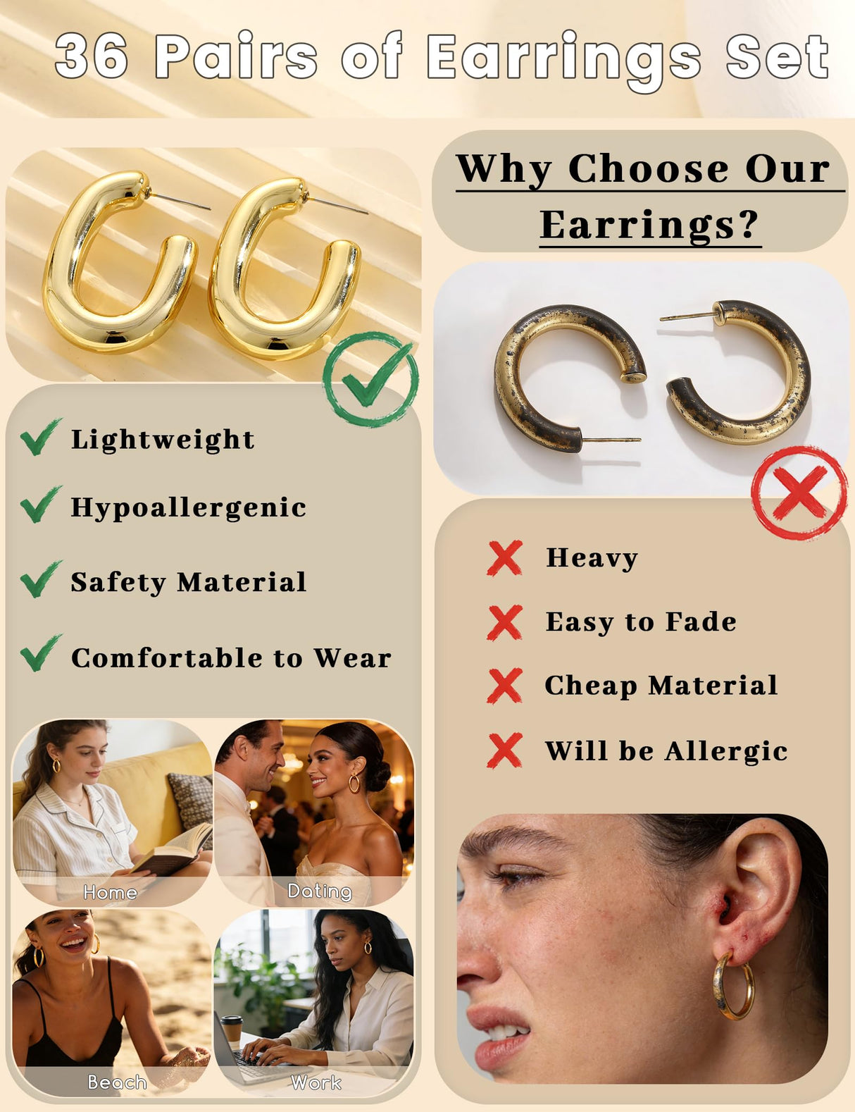 36 Pairs Chunky Gold Hoop Earrings Set for Women, Gold Plated