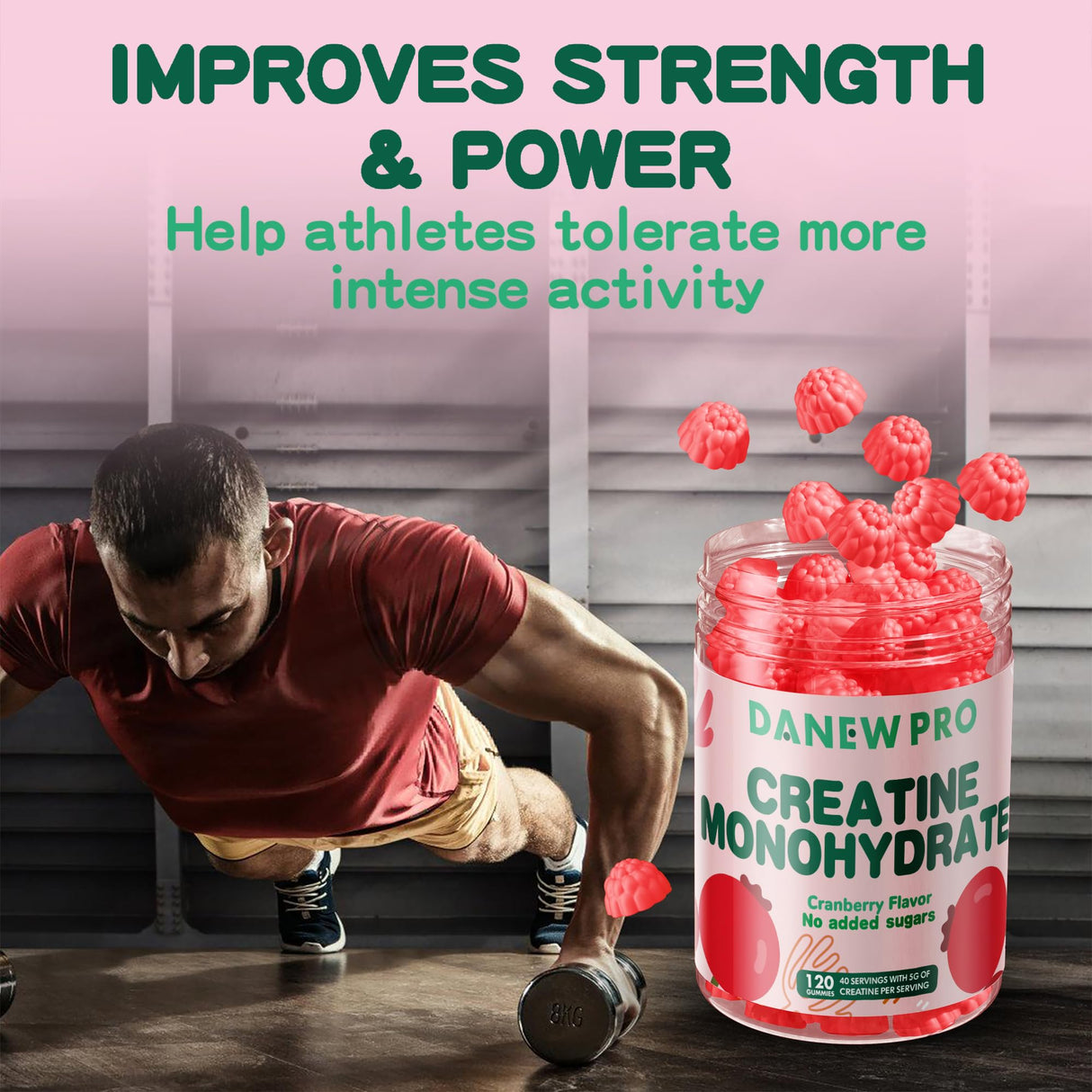 DANEW Pro Creatine Monohydrate Gummies 5000mg for Men & Women, Creatine Monohydrate for Muscle Strength, Muscle Builder, Energy Boost, Pre-Workout Supplement(120 Count)-Cranberry Flavor