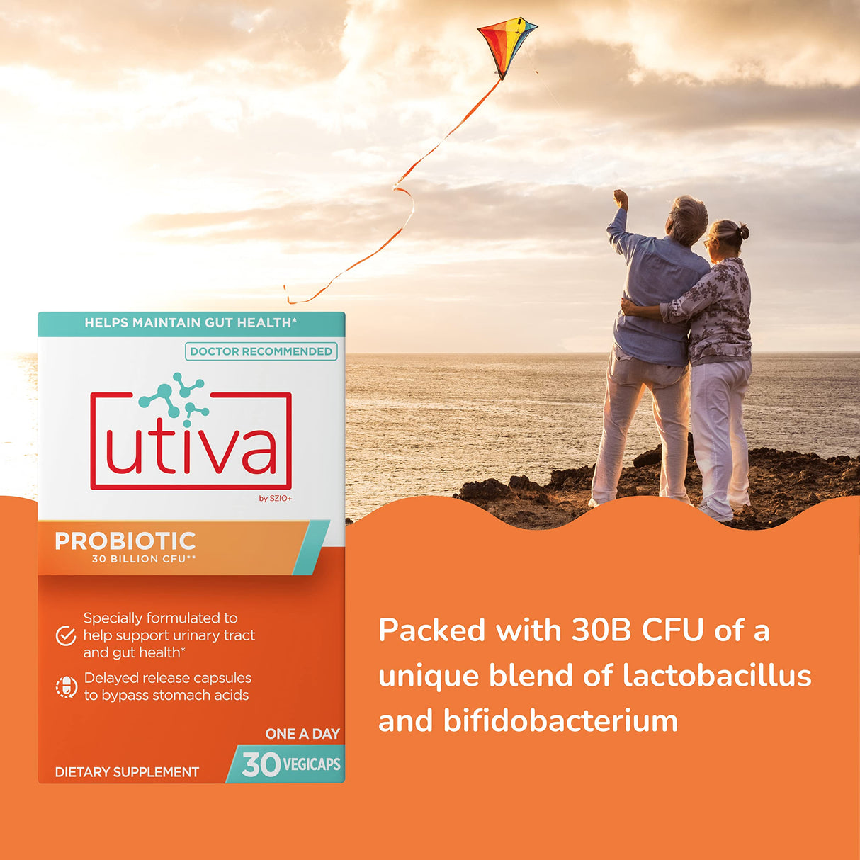 Szio+ Utiva Probiotic – Urinary Tract and Gut Health Supplement – 12 Billion CFU Lactobacillus & Bifidobacterium Probiotic for Men and Women, 30 Delayed Release Vegi Capsules