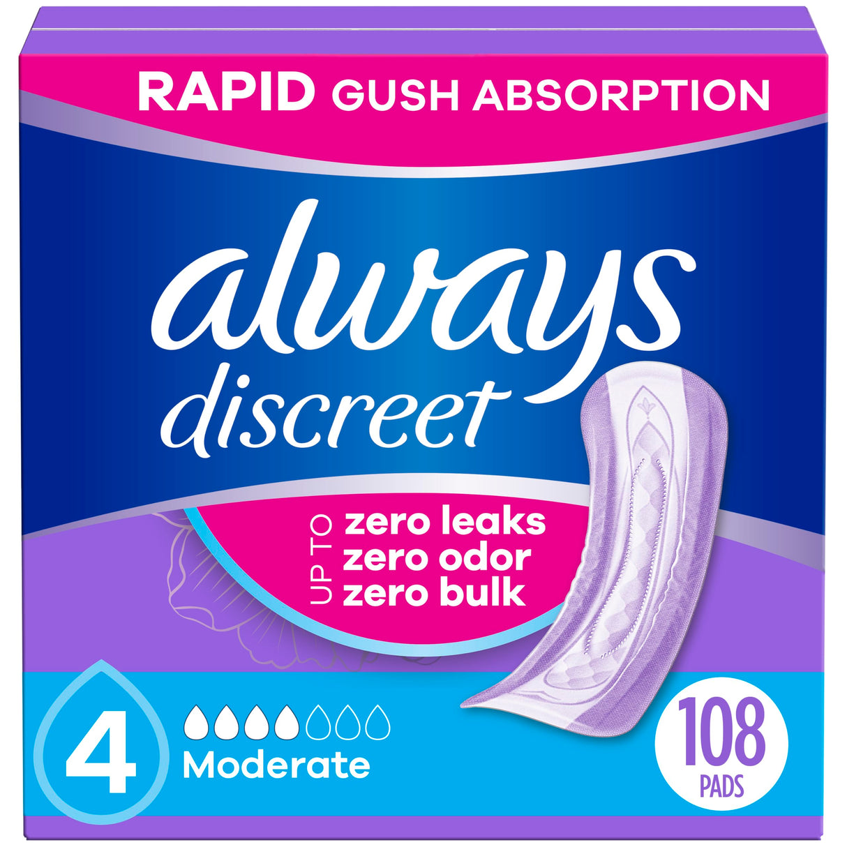 Always Discreet Adult Incontinence Pads for Women, Moderate Absorbency, Regular Length, Postpartum Pads, 108 CT (Packaging May Vary)