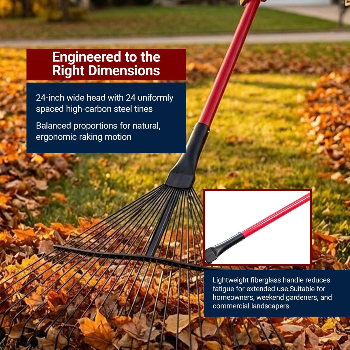 Bully Tools 24-Tine Thatching Garden Rake for Leaves | Heavy Duty Metal Leaf Rake | Dethatching Large Leaves and Yard Debris, 23.5" Wide 68" Fiberglass Long Handle Rakes for Gardening 100% Made in USA