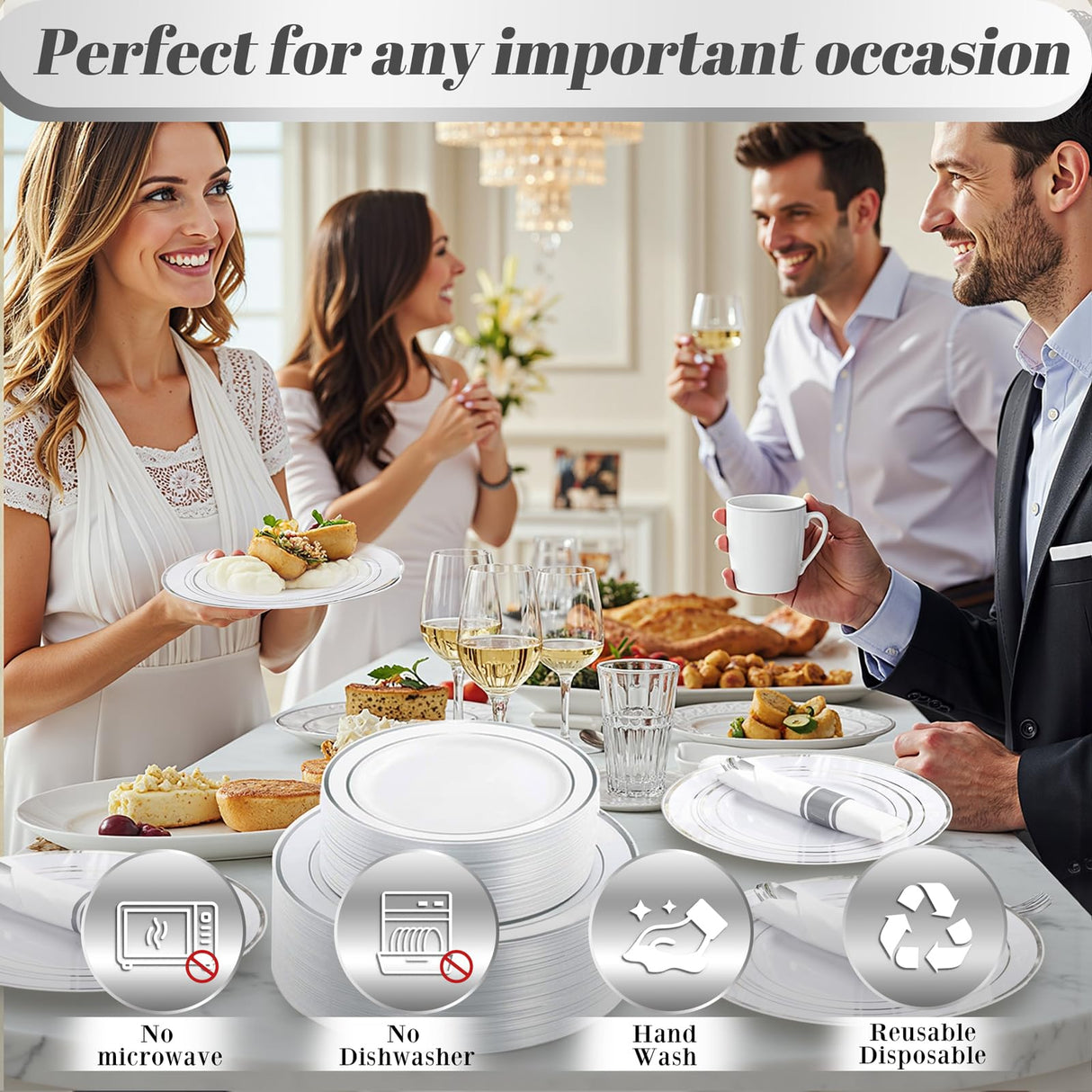 WDF Partyware 350Piece Silver Plastic Dinnerware Set for 50 Guests - Silver Plastic Plates with Cutlery Include:50Dinner Plates-50Dessert Plates-50Pre Rolled Napkins with Silverware for Christmas
