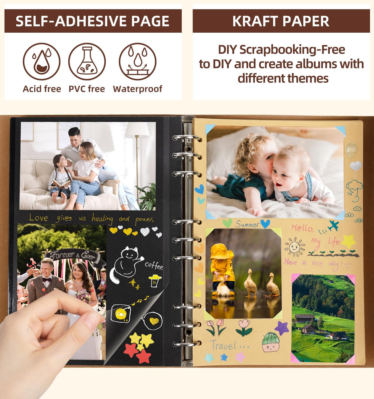 ALKALO Scrapbook Photo Album 100 Pages, 60 Pages Self Adhesive+40 Pages Kraft Paper DIY Photo Book for 2x3 3x5 4x6 5x7 Pictures, Leather Memory Book for Wedding Baby Family Travel Birthday Christmas